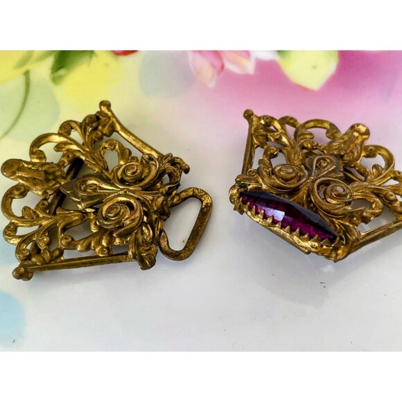 Antique Victorian OrnateBrass Dress Buckle With Ruby Red Glass Stone - Picture 6 of 8